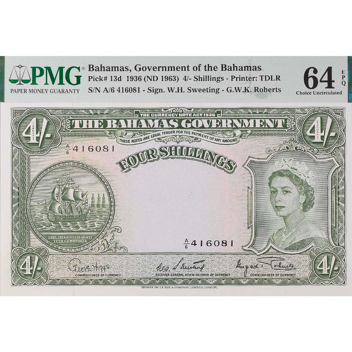 БАГАМСКИЕ ОСТРОВА 4 ШИЛЛИНГА (PMG - GRADE 64)