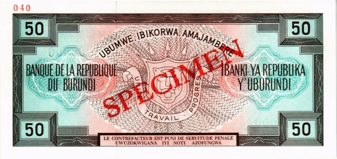 БУРУНДИ 50 ФРАНКОВ (SPECIMEN) мини 2