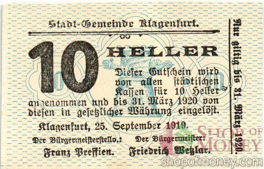 АВСТРИЯ 10 ХЕЛЛЕРОВ (НОТГЕЛЬД)