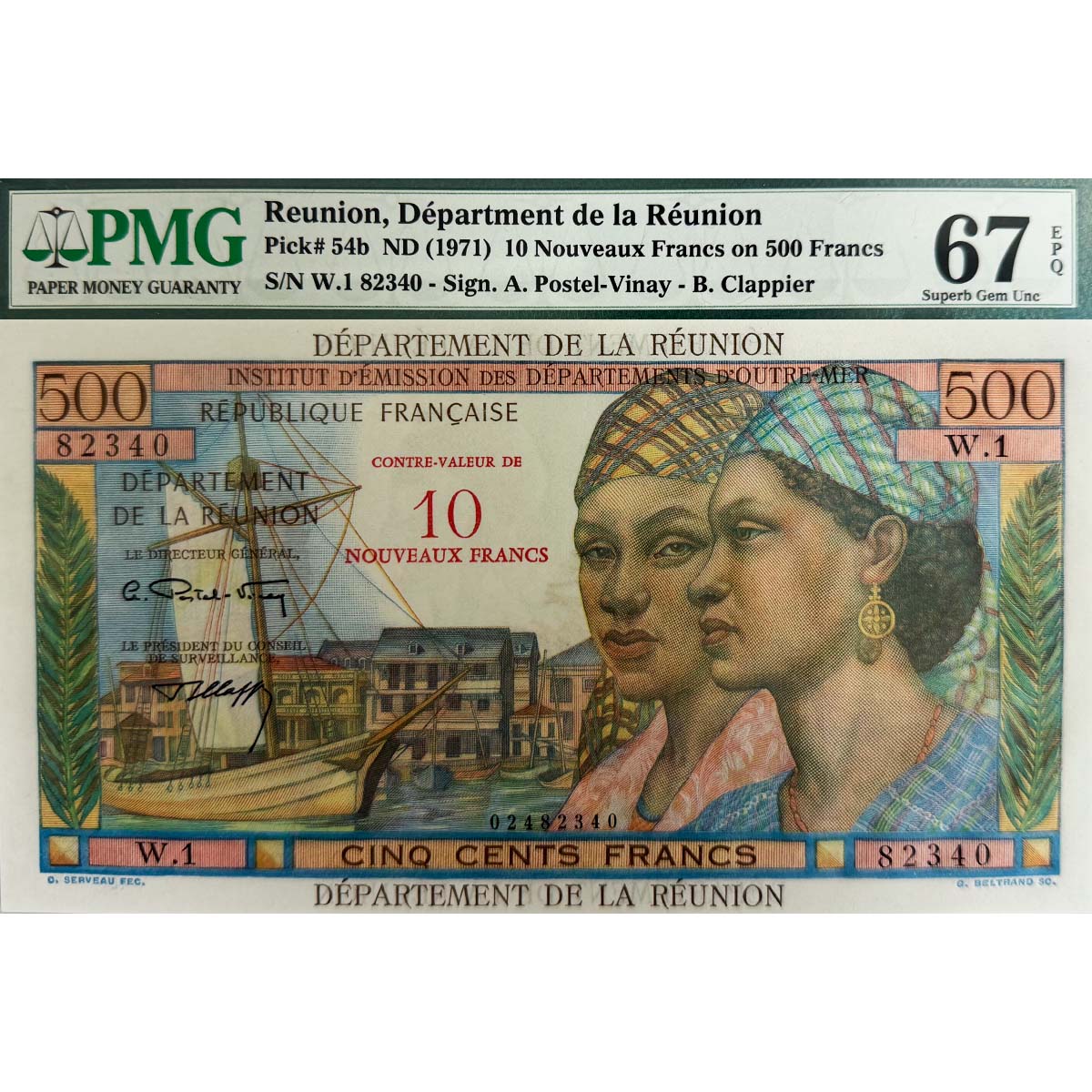 ФРАНЦИЯ (РЕЮНЬОН) 10 ФРАНКОВ (PMG - GRADE 67)