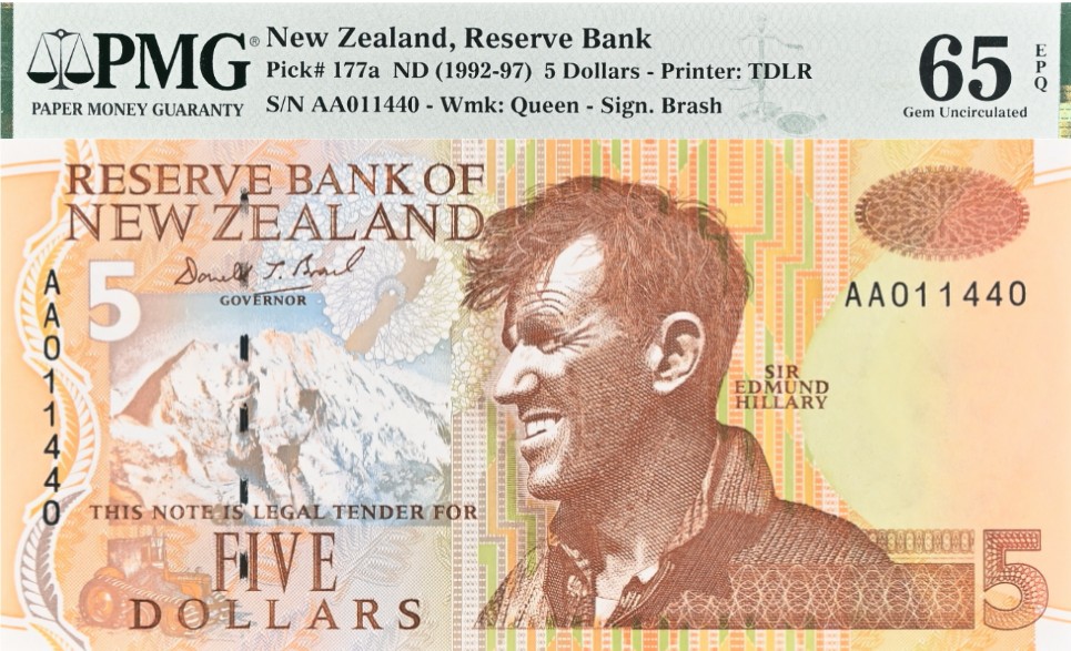 НОВАЯ ЗЕЛАНДИЯ 5 ДОЛЛАРОВ (PMG-GRADE 65) мини 1