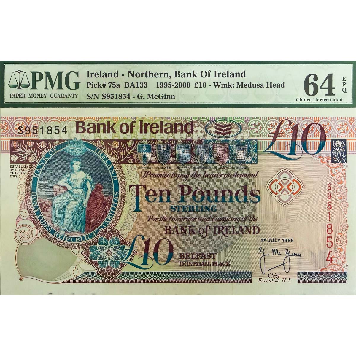 СЕВЕРНАЯ ИРЛАНДИЯ 10 ФУНТОВ (PMG - GRADE 64)