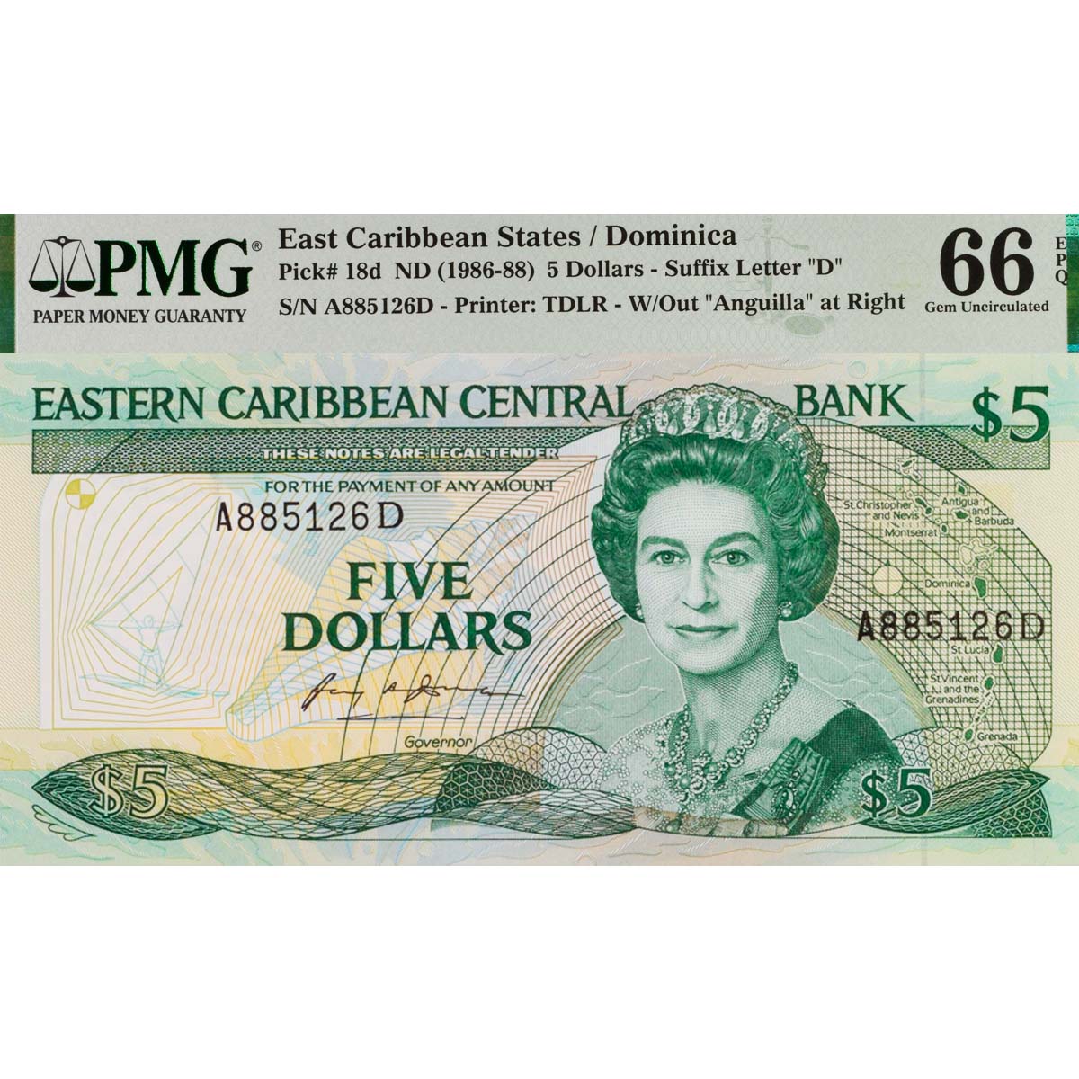 ВОСТОЧНЫЕ КАРИБЫ 5 ДОЛЛАРОВ (D - ДОМИНИКА, PMG - GRADE 66)