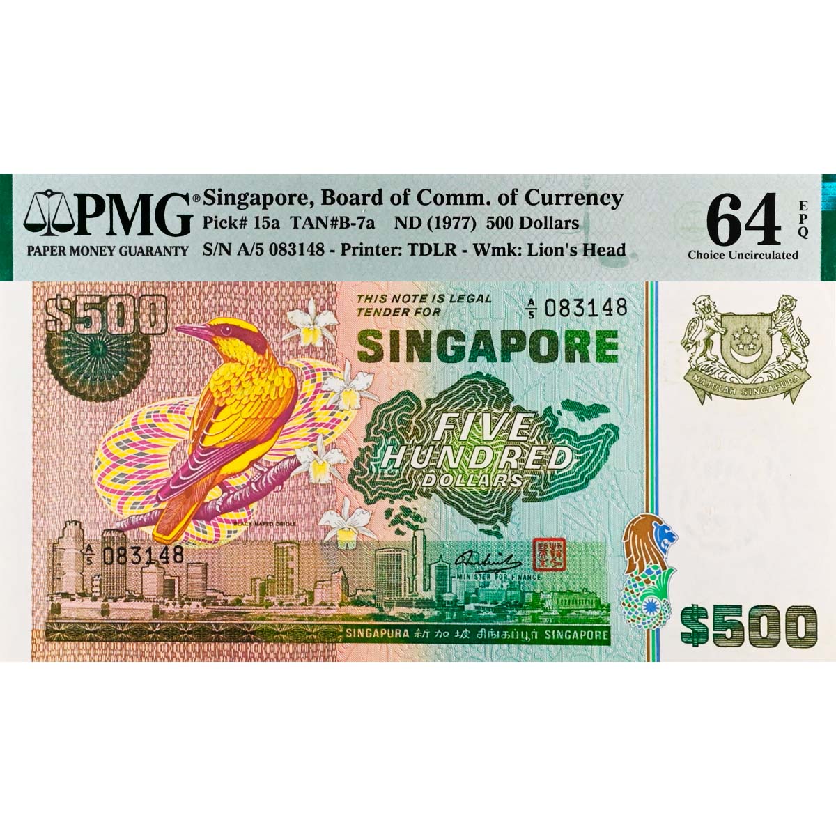 СИНГАПУР 500 ДОЛЛАРОВ (PMG - GRADE 64) #A/5 083148 мини 1