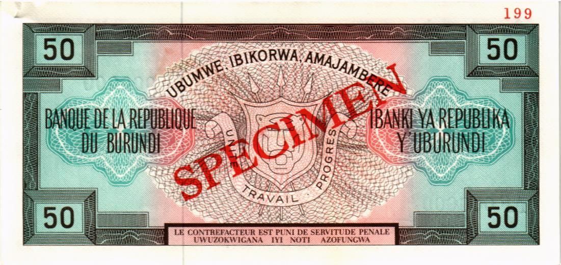 БУРУНДИ 50 ФРАНКОВ (SPECIMEN) мини 2