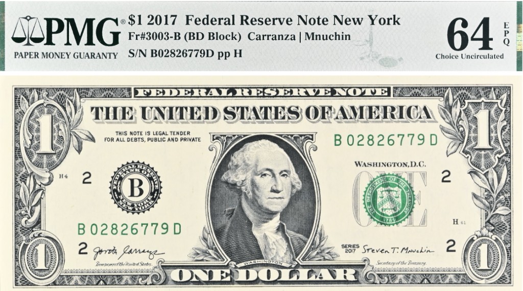 США 1 ДОЛЛАР (B - НЬЮ-ЙОРК - PMG - GRADE 64) #B02826779D