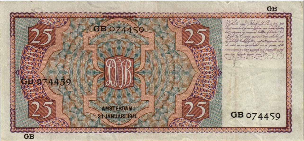 НИДЕРЛАНДЫ 25 ГУЛЬДЕНОВ (24.01.1941) мини 2