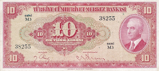 аверс банкноты 10 лир