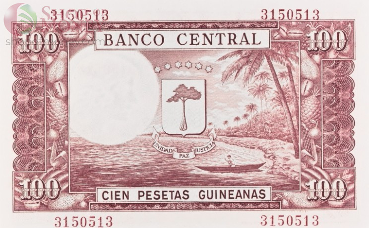 ЭКВАТОРИАЛЬНАЯ ГВИНЕЯ 100 ГВИНЕЙСКИХ ПЕСЕТ (PMG - GRADE 66) 4