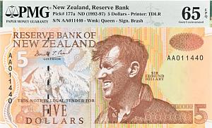 НОВАЯ ЗЕЛАНДИЯ 5 ДОЛЛАРОВ -AA- (PMG - GRADE 65) 1