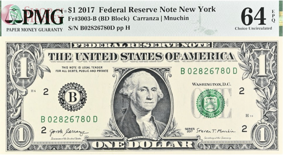 США 1 ДОЛЛАР (B - НЬЮ-ЙОРК - PMG - ГРЕЙД 64) #B02826780D 1