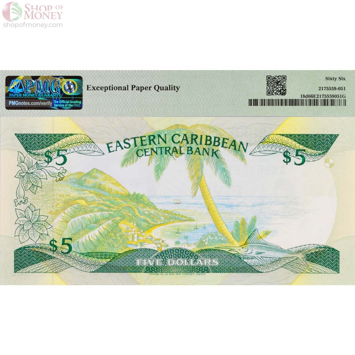 ВОСТОЧНЫЕ КАРИБЫ 5 ДОЛЛАРОВ (D - ДОМИНИКА, PMG - GRADE 66) 2
