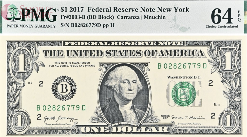 США 1 ДОЛЛАР (B - НЬЮ-ЙОРК - PMG - ГРЕЙД 64) #B02826779D 1