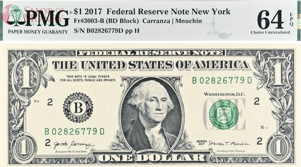 США 1 ДОЛЛАР (B - НЬЮ-ЙОРК - PMG - ГРЕЙД 64) #B02826779D 1