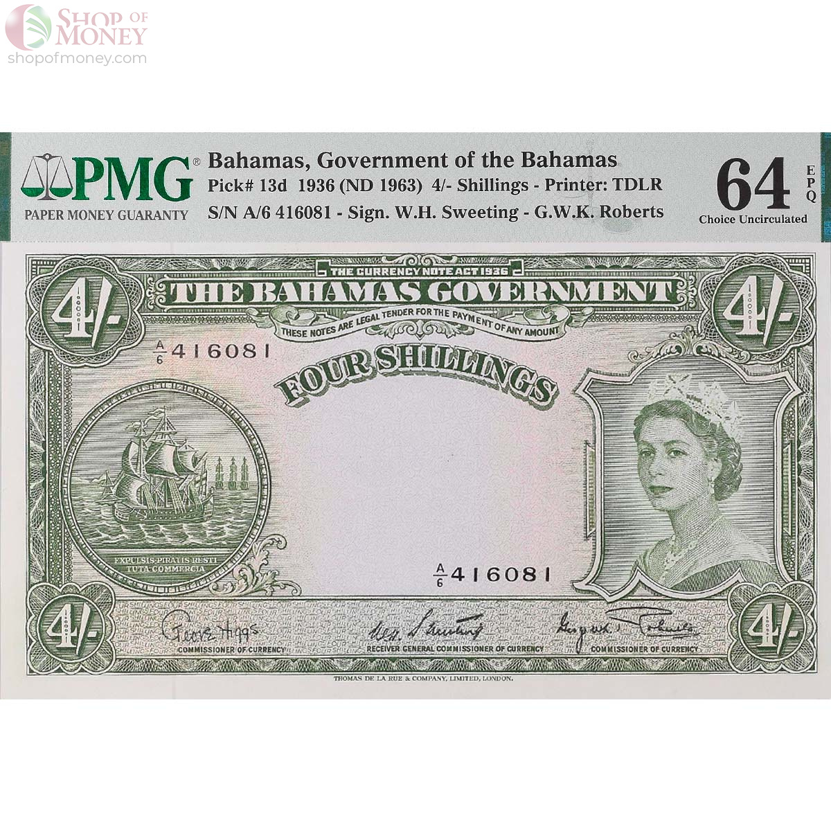 БАГАМСКИЕ ОСТРОВА 4 ШИЛЛИНГА (PMG - GRADE 64) 1