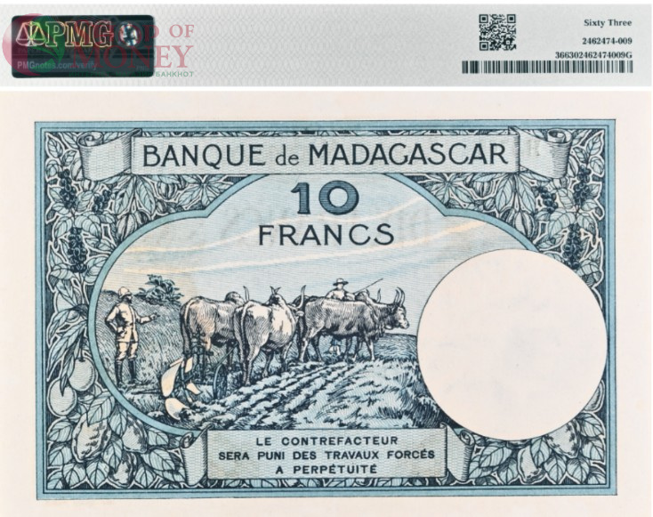 МАДАГАСКАР 10 ФРАНКОВ (PMG - GRADE 63) 2